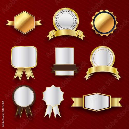 Luxury premium quality collection of golden labels on a red background