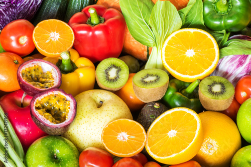 Group of fresh fruits and vegetables for eating healthy