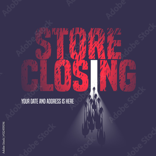 Store closing sale vector illustration, background with open door