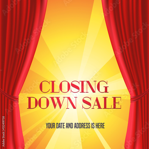 Store closing vector illustration, background with red curtain