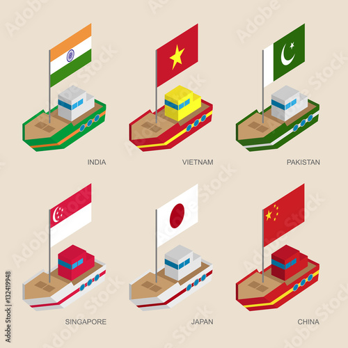 Set of isometric 3d ships with flags of Asian countries. Cartoon vessels with standards - India, Vietnam, China, Singapore, Pakistan, Japan. Sea transport icons for infographics.