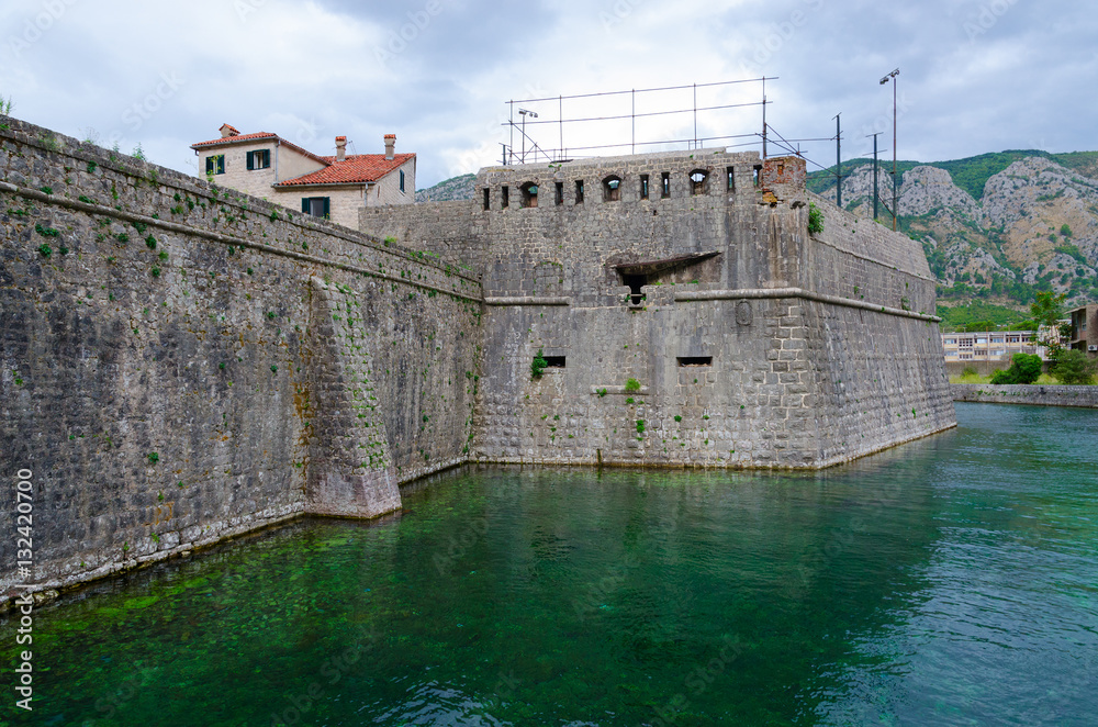 Fortress wall of bastion Bembo near river Shkurda, Kotor, Montenegro