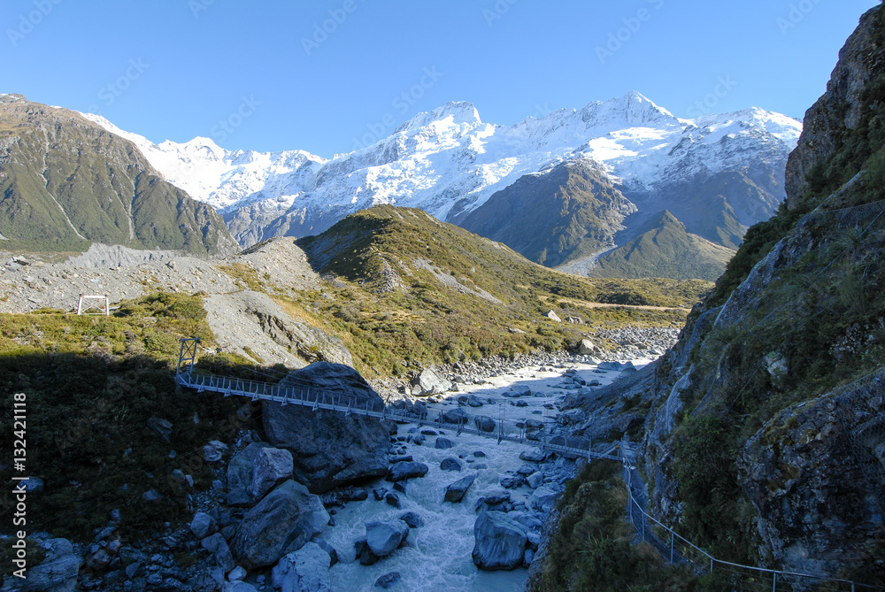 朝のフッカーバレー・トラック　アオラキ／マウントクックのハイキングコース（ニュージーランド）