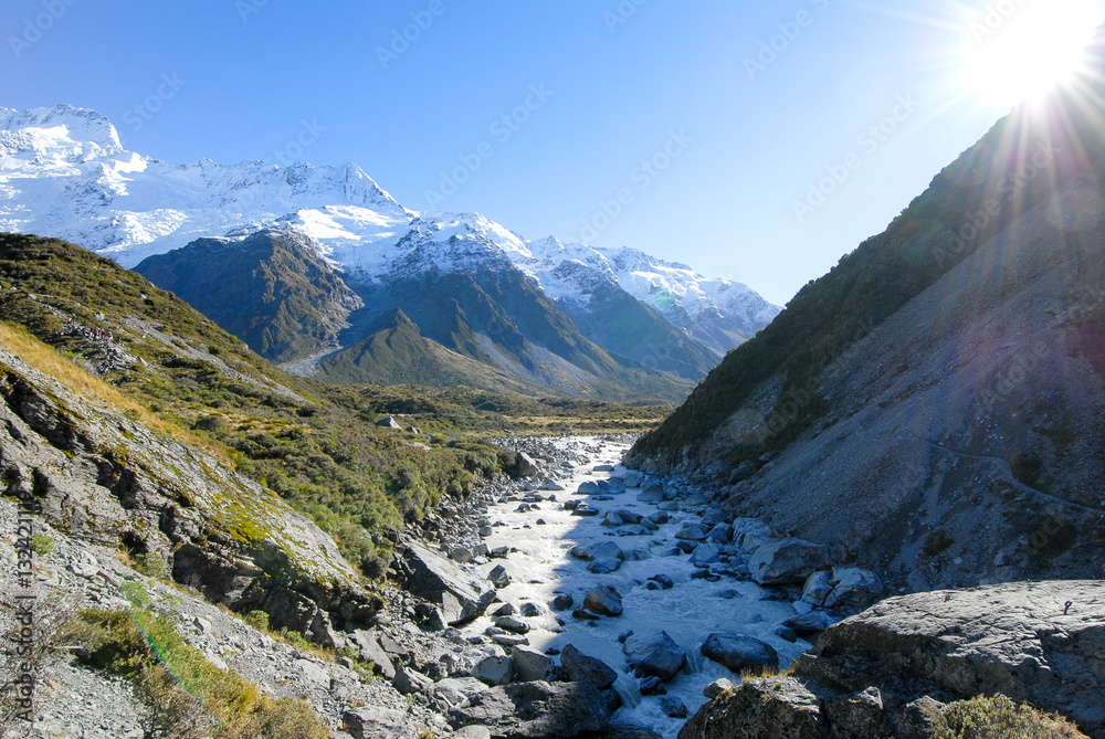 朝のフッカーバレー・トラック　アオラキ／マウントクックのハイキングコース（ニュージーランド）