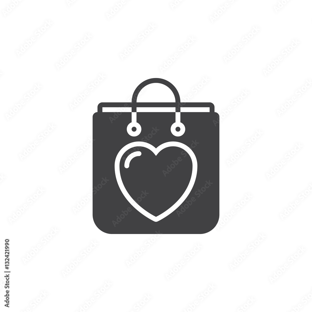 Shopping bag with heart icon vector, filled flat sign, solid pictogram isolated on white. Symbol, logo illustration Shopping bag with heart icon vector, filled flat sign, solid pictogram isolated on white. Symbol, logo illustration