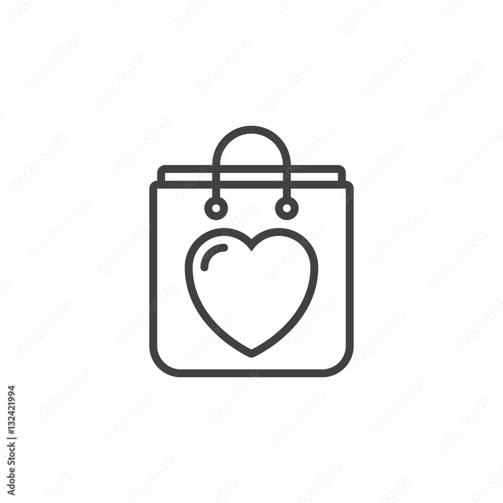 Shopping bag with heart line icon, outline vector sign, linear pictogram isolated on white. Symbol, logo illustration Shopping bag with heart line icon, outline vector sign, linear pictogram isolated on white. Symbol, logo illustration