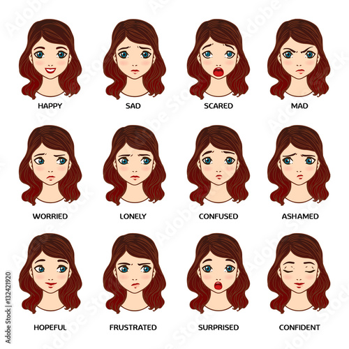 Pretty face woman with emotions of joy, happiness and others. Vector illustration.