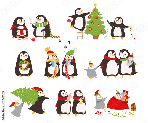 Set of merry Сhristmas Penguins. Vector illustration.
