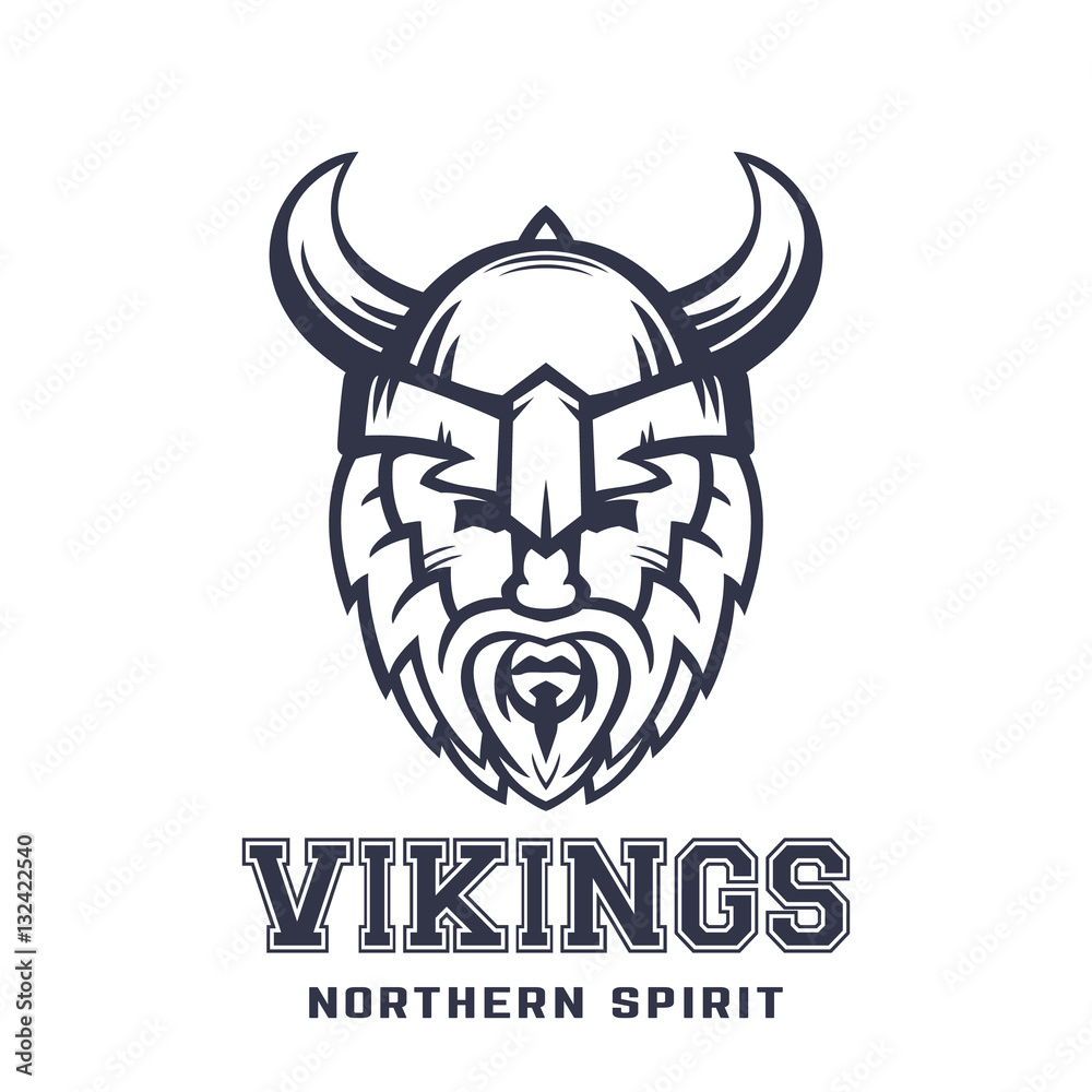 Vikings logo, bearded warrior in helmet with horns over white Vikings logo, bearded warrior in helmet with horns over white
