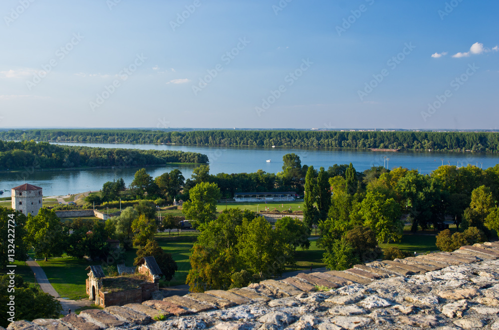 View from Kalemegdan fortress to confluence of Danube and Sava river, Belgrade, Serbia