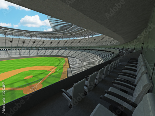 Photography 3D render of baseball stadium with white seats and VIP boxes