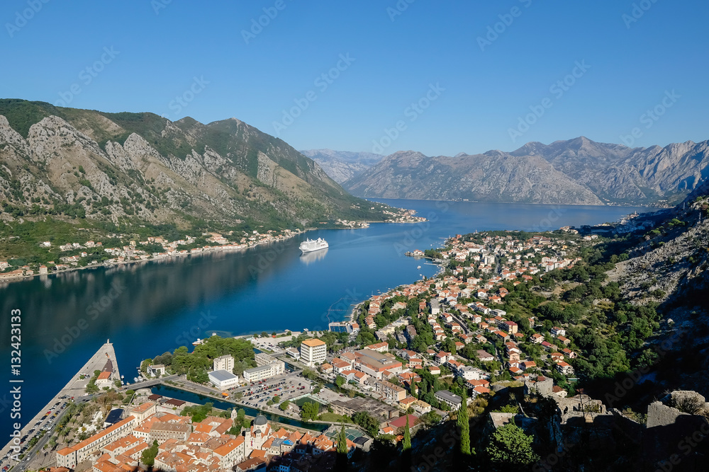 Ship sailing into Bay of Kotor, Montenegro