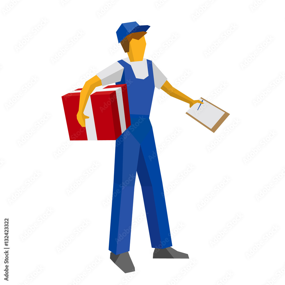 Delivery man in blue uniform holding red gift box and papers. Postal courier bring package and waiting for confirmation with documents. Simple flat style clip art for infographics.