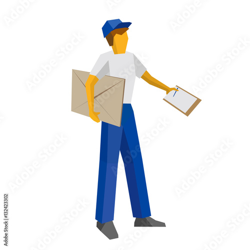 Delivery man in blue uniform holding big postal envelope and papers. Postal courier bring mail and waiting for confirmation with documents. Simple flat style clip art for infographics.