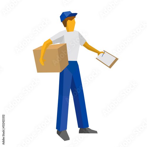 Delivery man in blue uniform holding cxarton box and papers. Postal courier bring package and waiting for confirmation with documents. Simple flat style clip art for infographics.