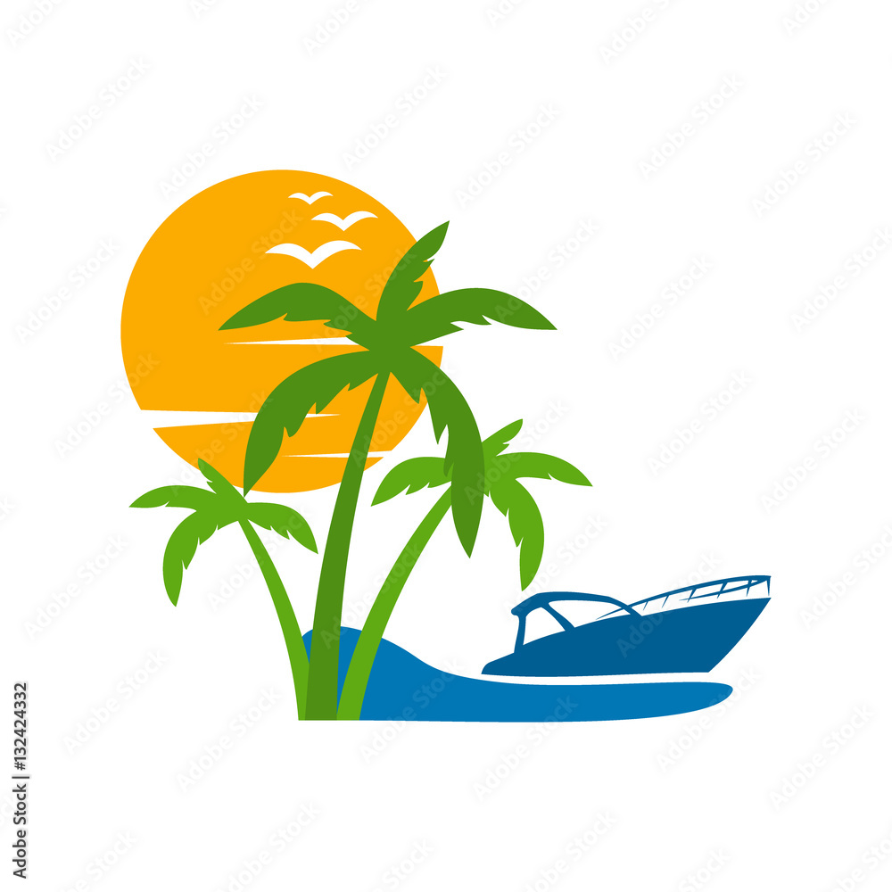 boat travel, island, beach vector logo design