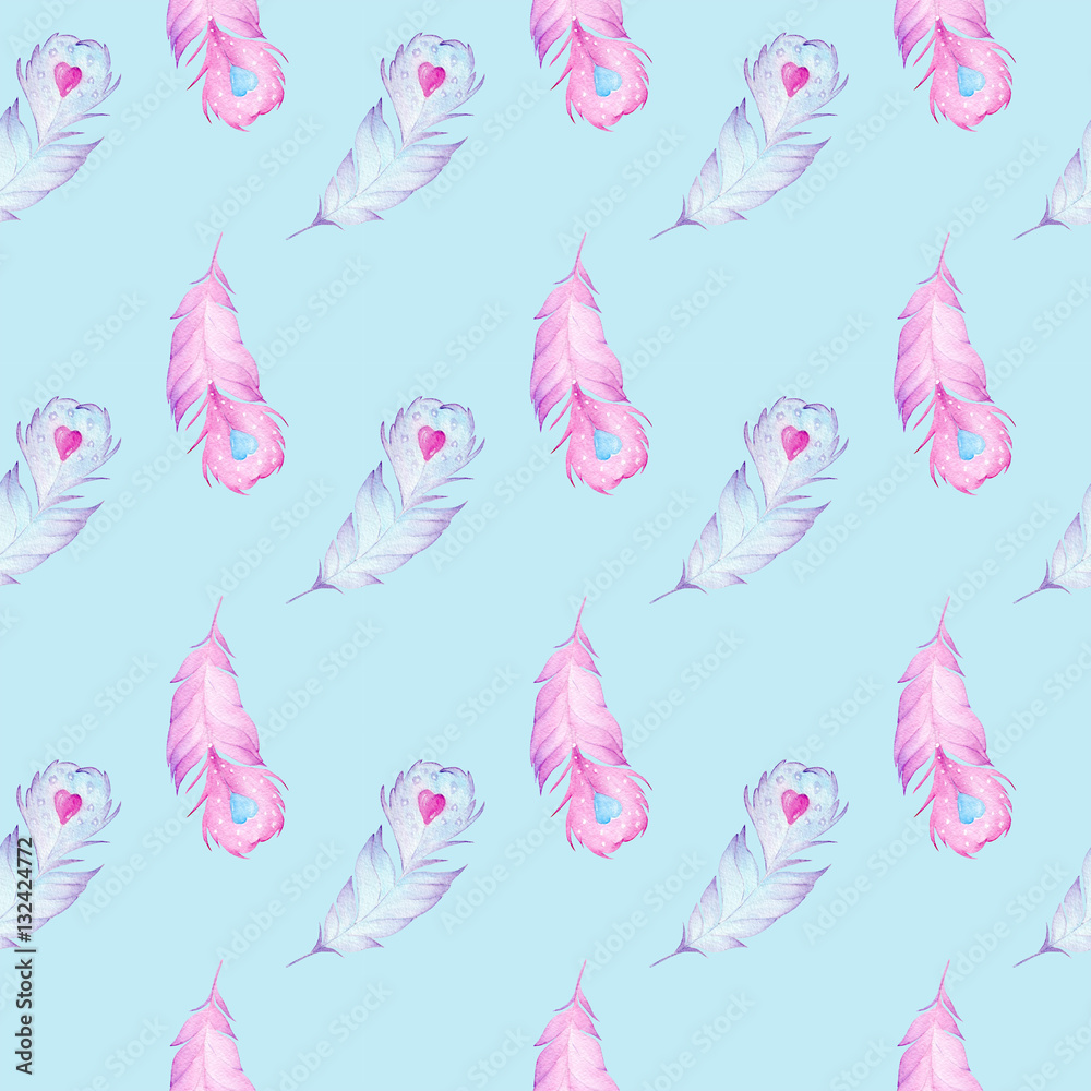 Hand drawn watercolor vintage seamless pattern with feathers