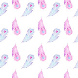 Watercolor birds feathers seamless pattern texture on white background