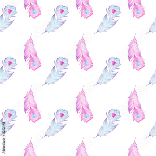 Watercolor birds feathers seamless pattern texture on white background