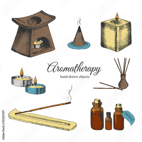 Set for aromatherapy in color. Treatment of essential oils. Relaxation and recreation. Incense sticks and oil burner. Sketch by hand. Vintage style. Vector.