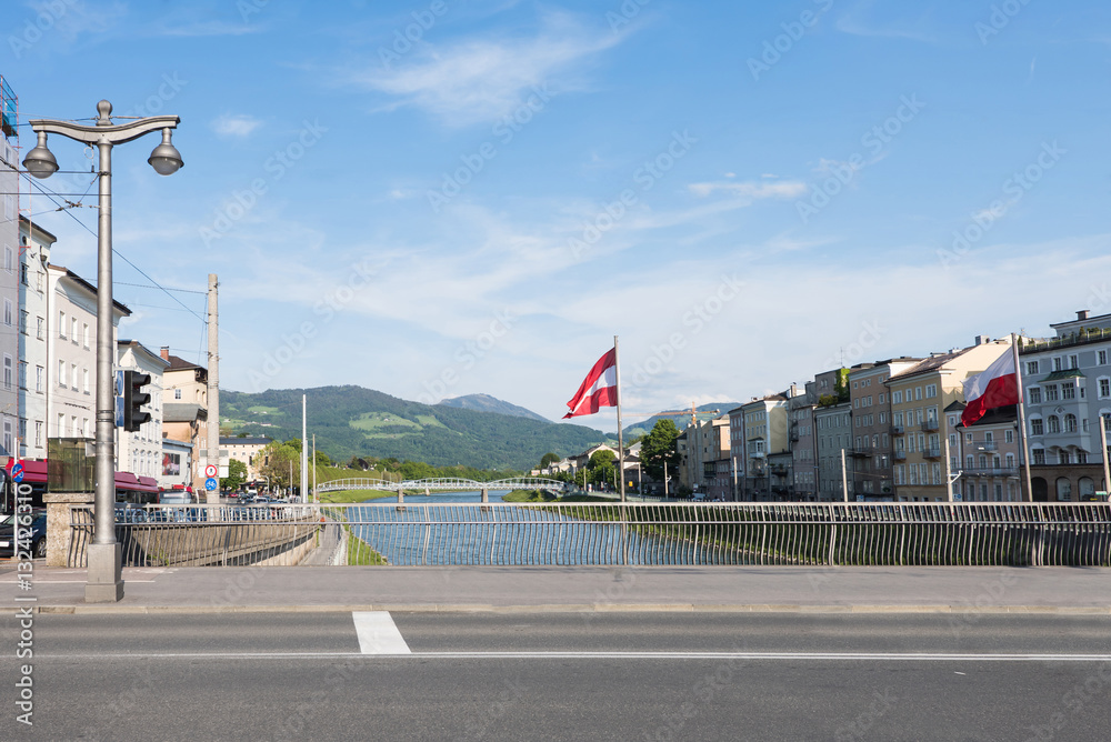 Salzburg bridge, mountains and river salzach salzburger land, austria