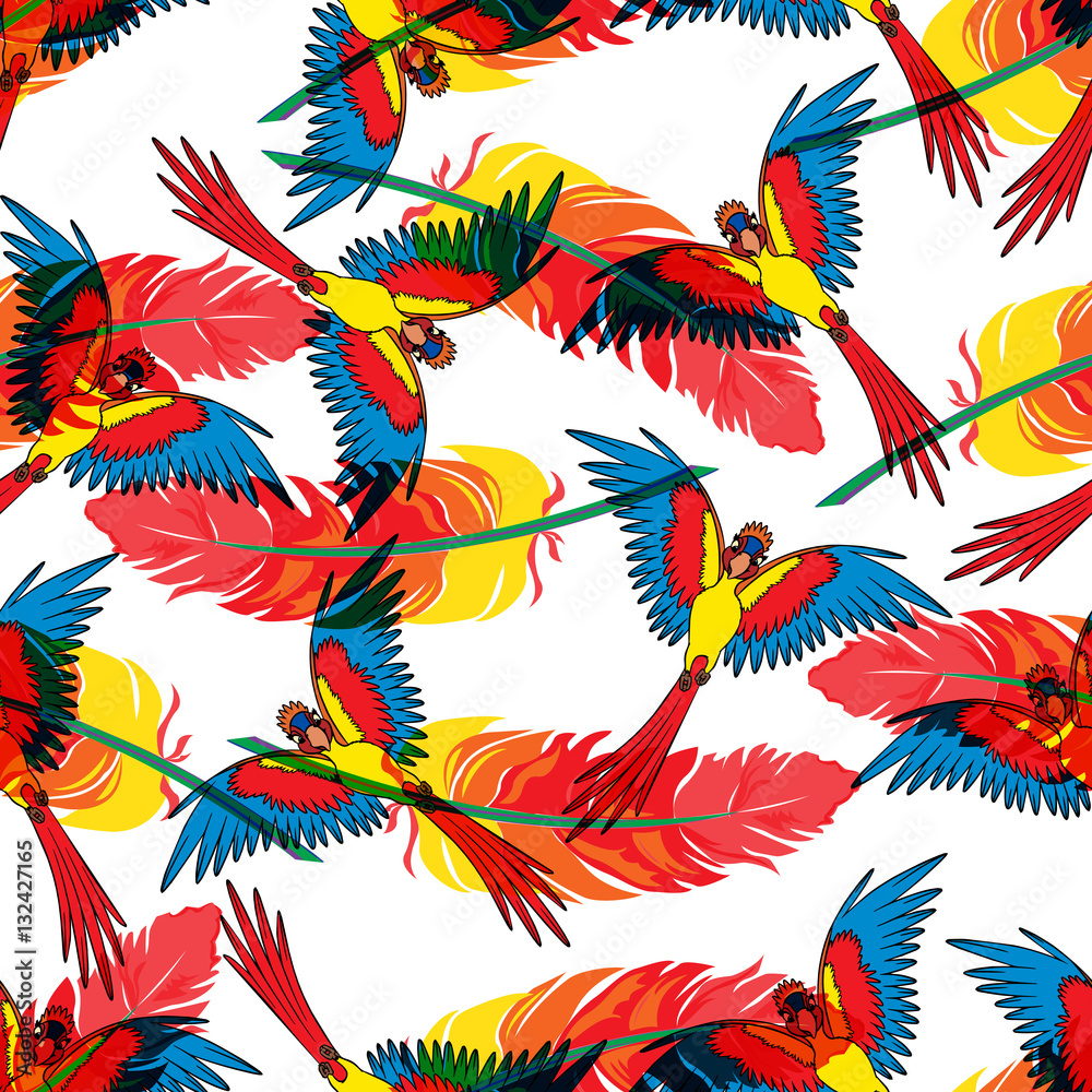 Obraz premium Seamless repeating pattern with parrots and feathers.Vector