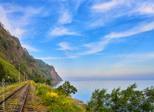 Railroad near Lake Baikal and beautiful sky