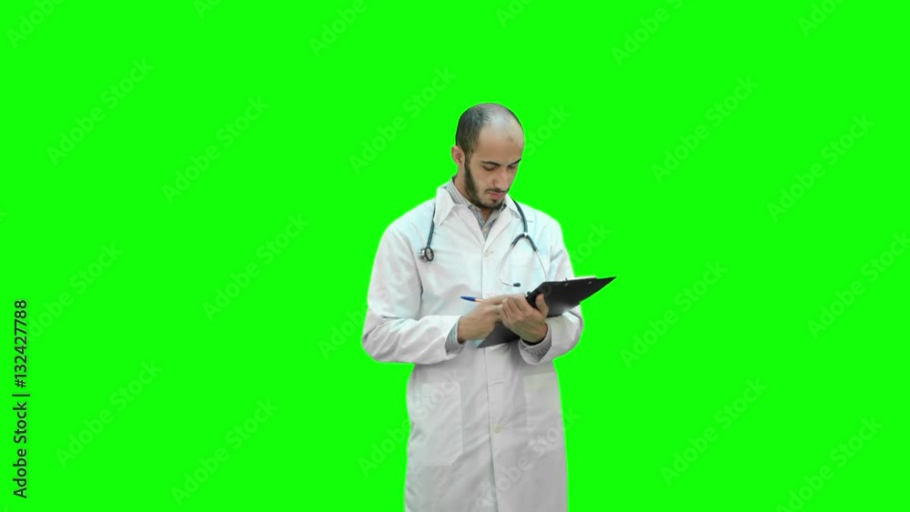 Male doctor in white coat filling in prescription form on a Green Screen, Chroma Key. Male doctor in white coat filling in prescription form on a Green Screen, Chroma Key.