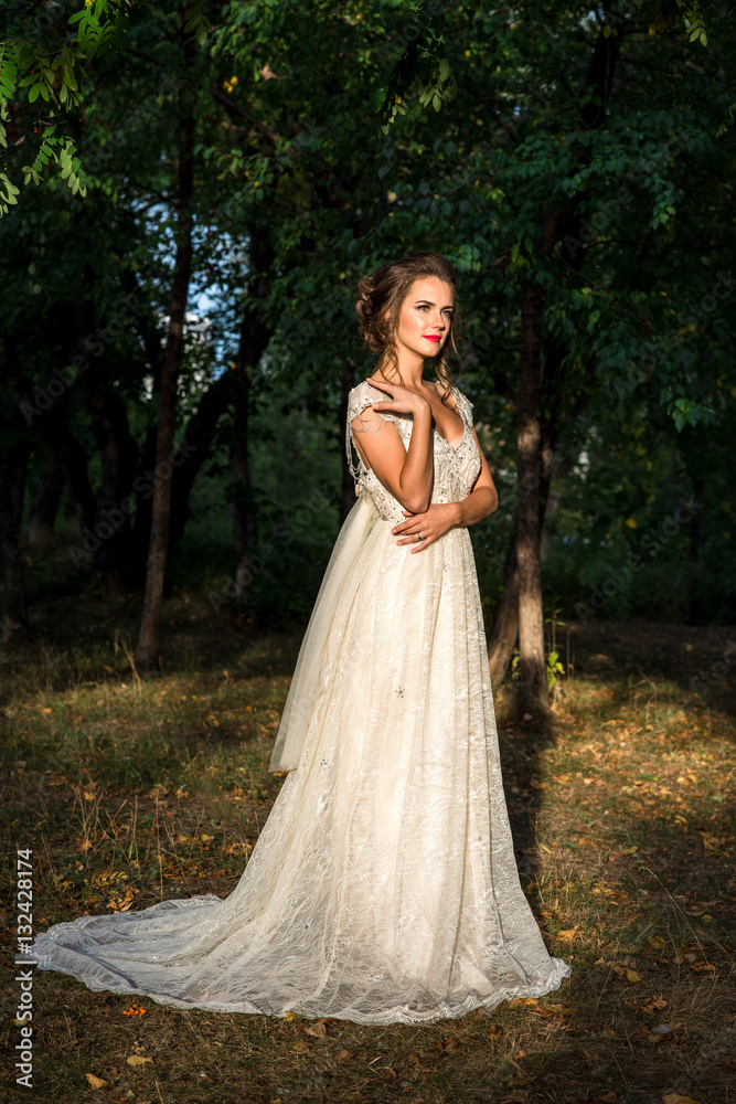 Beautiful bride in a wedding dress standing in the park, autumn time Beautiful bride in a wedding dress standing in the park, autumn time