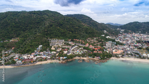 Beautiful aerial view of Patong beach over city, mountains and sky backround in Phuket, Thailand
