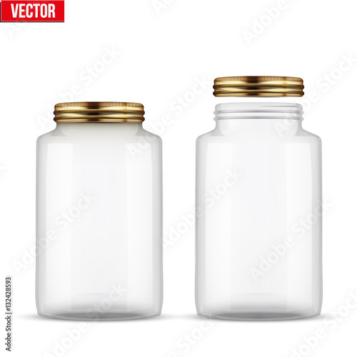 Set of Glass Jars for canning and preserving. Square shape with right angles. With closed and open cover. Vector Illustration isolated on transparent background.