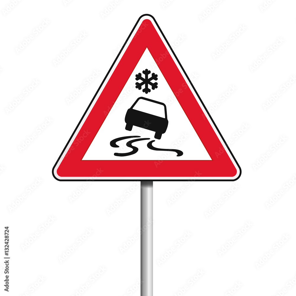 Achtung Schild mit Schneeflocke und Auto beim Rutschen Achtung Schild mit Schneeflocke und Auto beim Rutschen