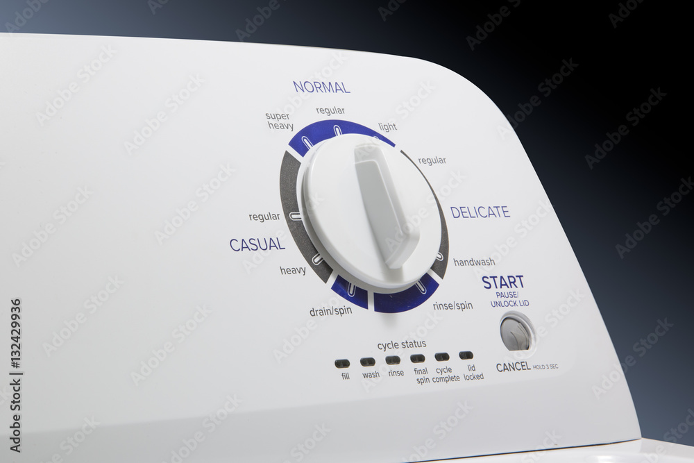 Washing Machine-Select Knob - Clothes washer front panel with a focus on the washer cycle/selector knob. Straight lighting. Washing Machine-Select Knob - Clothes washer front panel with a focus on the washer cycle/selector knob. Straight lighting.