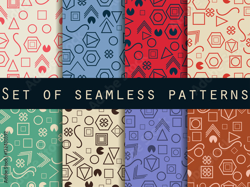 Geometric seamless patterns. Memphis Style 80's. Vector illustration.