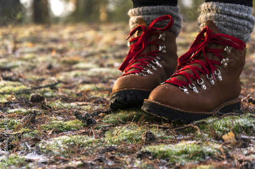 person is walking in brown leather boots with red laces in the forest on the land with green moss and dried needles covered with frost and snowflakes 