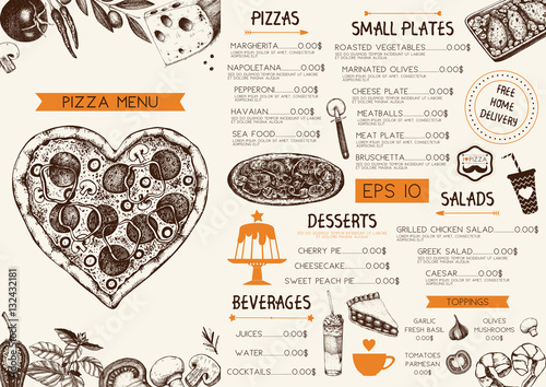 Vintage menu design for cafe or restaurant. Valentine's Day template. Vector background with hand drawn food and drinks sketch 