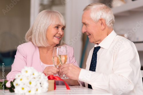 Cheerful senior couple raising their glasses to love
