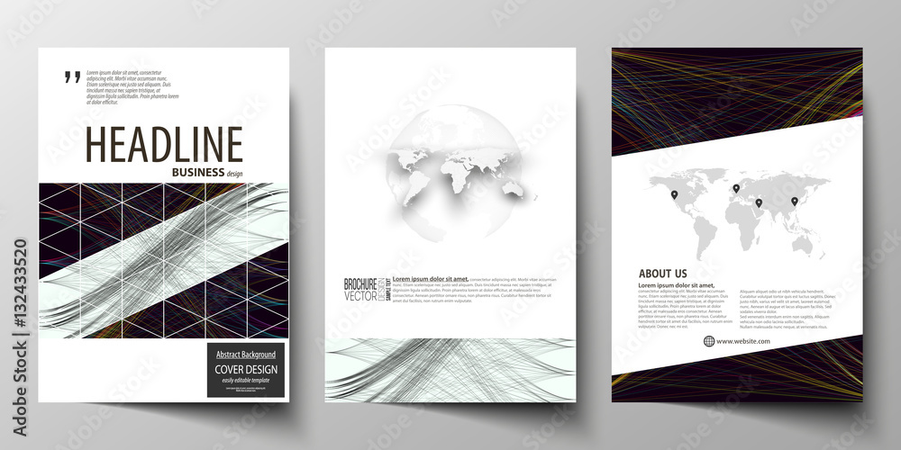 Business templates for brochure, magazine, flyer, annual report. Cover template, easy editable vector, flat layout in A4 size. Abstract waves, lines and curves. Dark color background. Motion design.