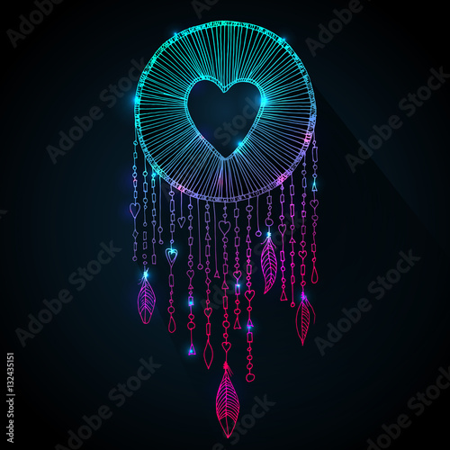 Valentines day design. Vector sparkling dream catcher with heart shape illustration. Native American ancient symbol dreamcatcher, sketch in outlines and magic sparkles