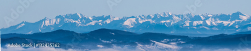 winter High Tatras mountains panorama from Lysa hora hill in Moravskoslezske Beskydy mountains