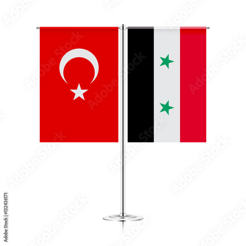 vector table stand with flags of turkey and syria. symbolizing the cooperation between the two countries. vector table flags