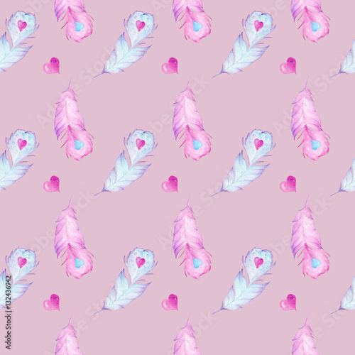 Seamless watercolor pattern with hand drawn feathers and red hearts