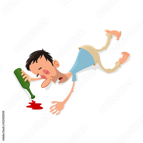drunk man lying on the floor  with empty bottle