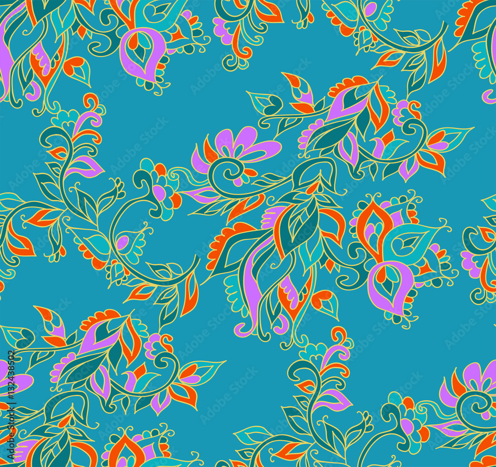 Floral seamless background pattern in oriental style. Indian flowers and leaves. Vector illustration hand drawn.