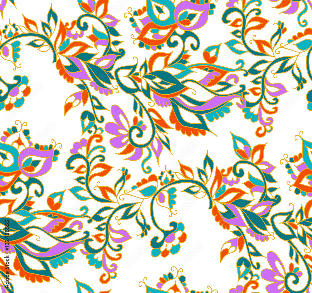 Floral seamless background pattern in oriental style. Indian flowers and leaves. Vector illustration hand drawn.