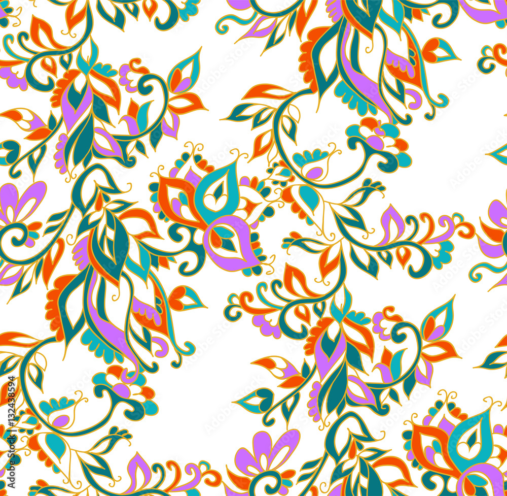 Floral seamless background pattern in oriental style. Indian flowers and leaves. Vector illustration hand drawn. Floral seamless background pattern in oriental style. Indian flowers and leaves. Vector illustration hand drawn.