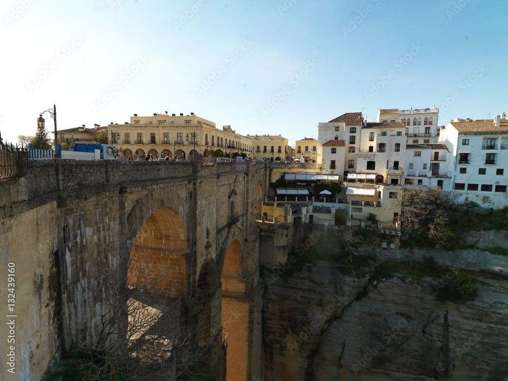 View of the Ronda town and buildings on the rocks in Spain
