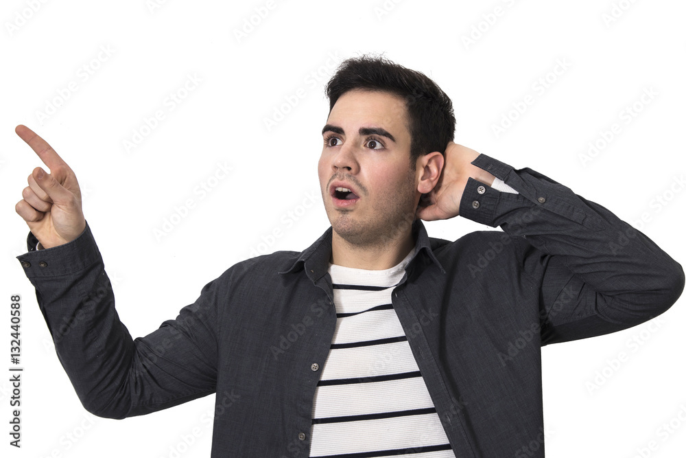 male young pointing out with the finger isolated in background white male young pointing out with the finger isolated in background white