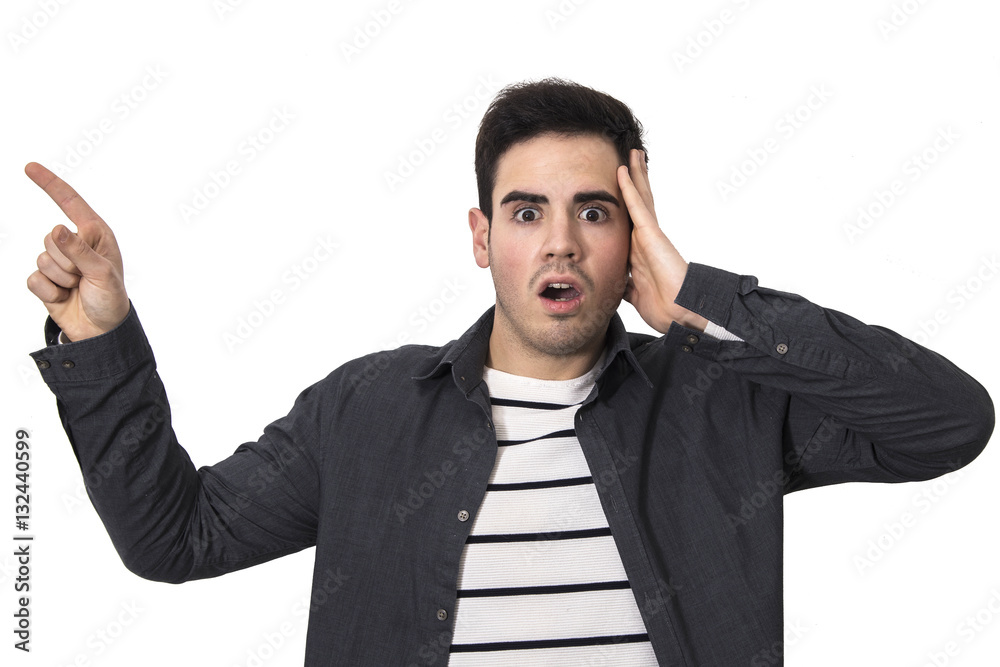 male young pointing out with the finger isolated in background white male young pointing out with the finger isolated in background white