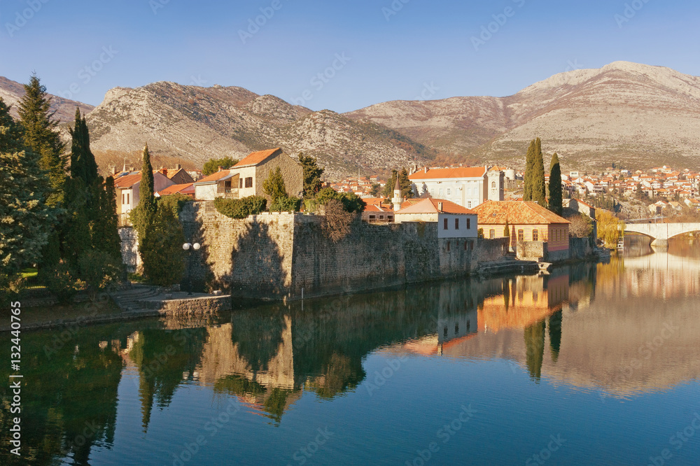 View of Trebinje city and Trebisnjica river on a sunny winter day. Bosnia and Herzegovina